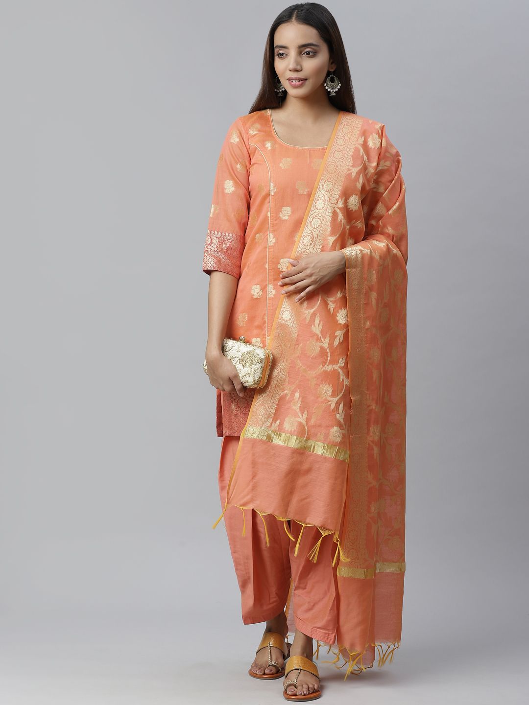 Chhabra 555 Orange & Golden Zari Woven Design Unstitched Dress Material Price in India