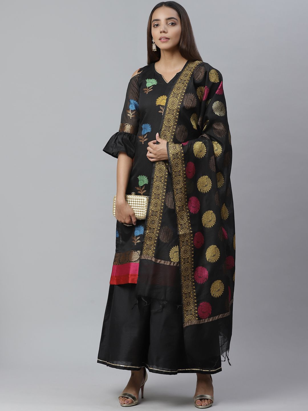 Chhabra 555 Black & Golden Woven Design Unstitched Dress Material Price in India