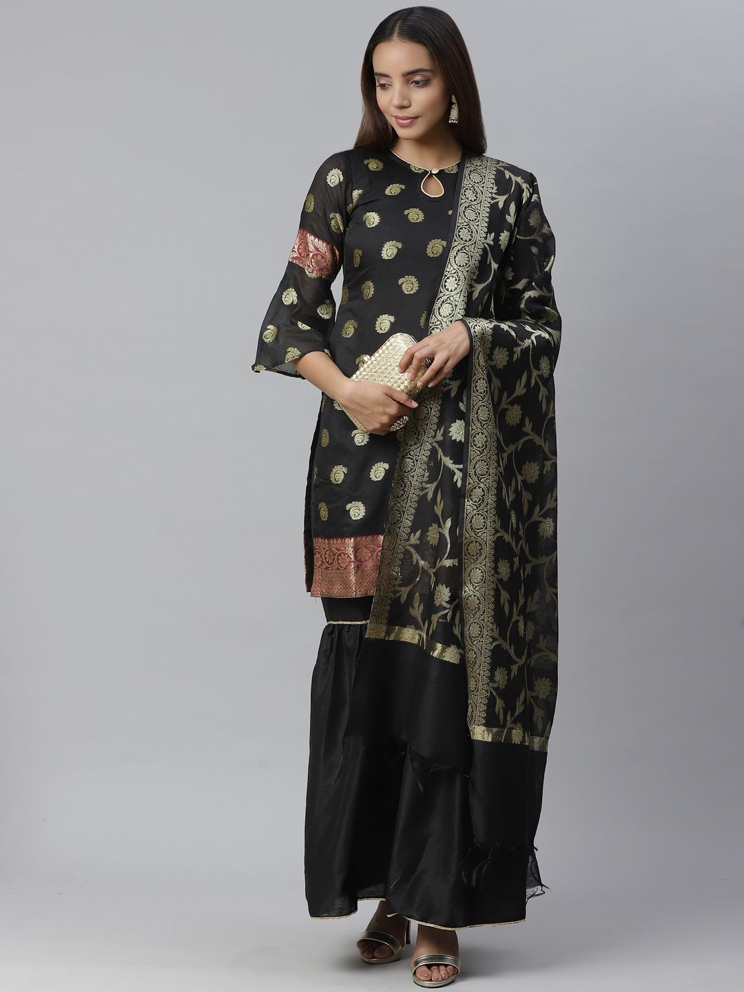 Chhabra 555 Black & Golden Zari Woven Design Unstitched Dress Material Price in India