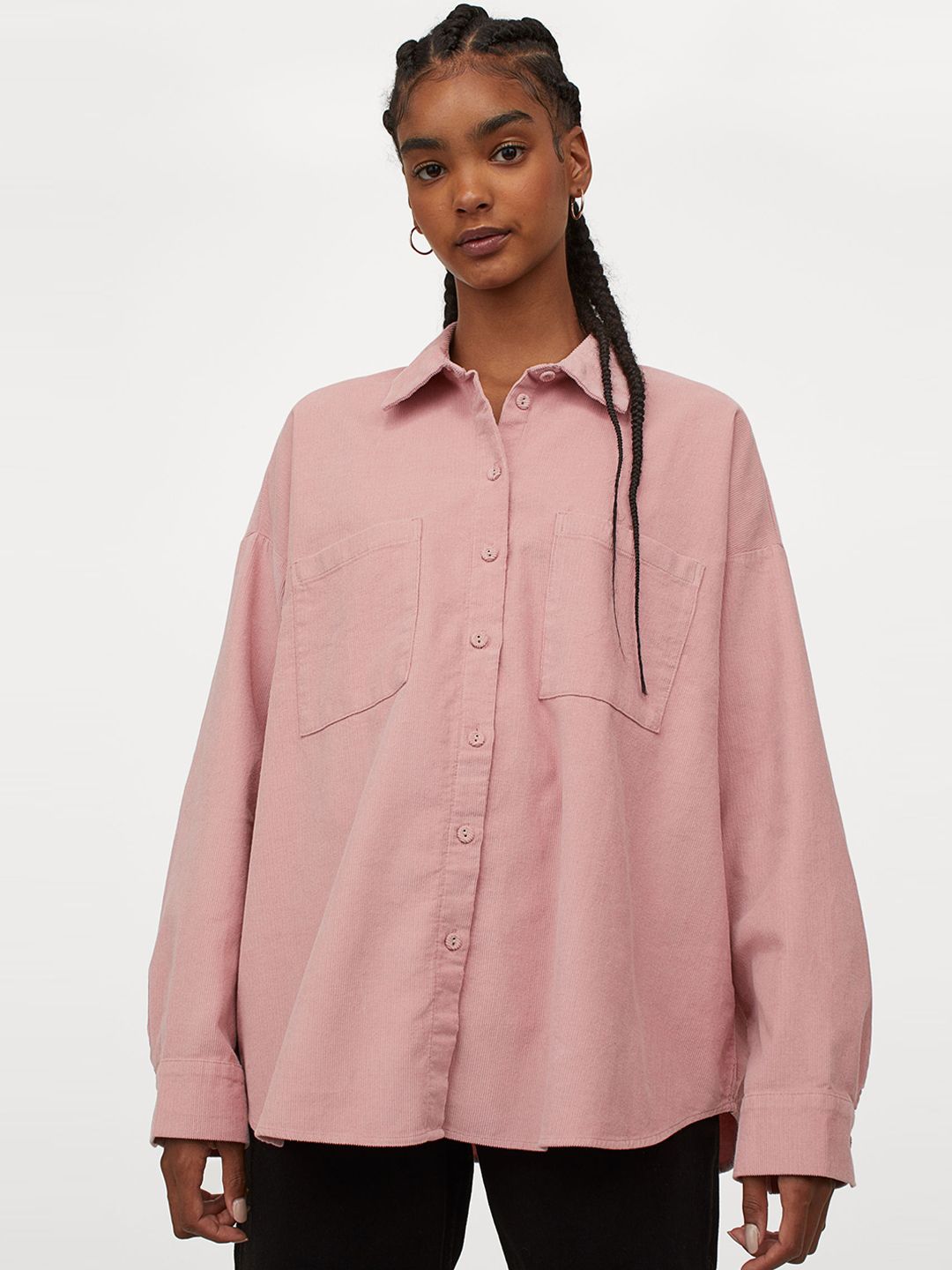 H&M Women Pink Solid Corduroy Shirt