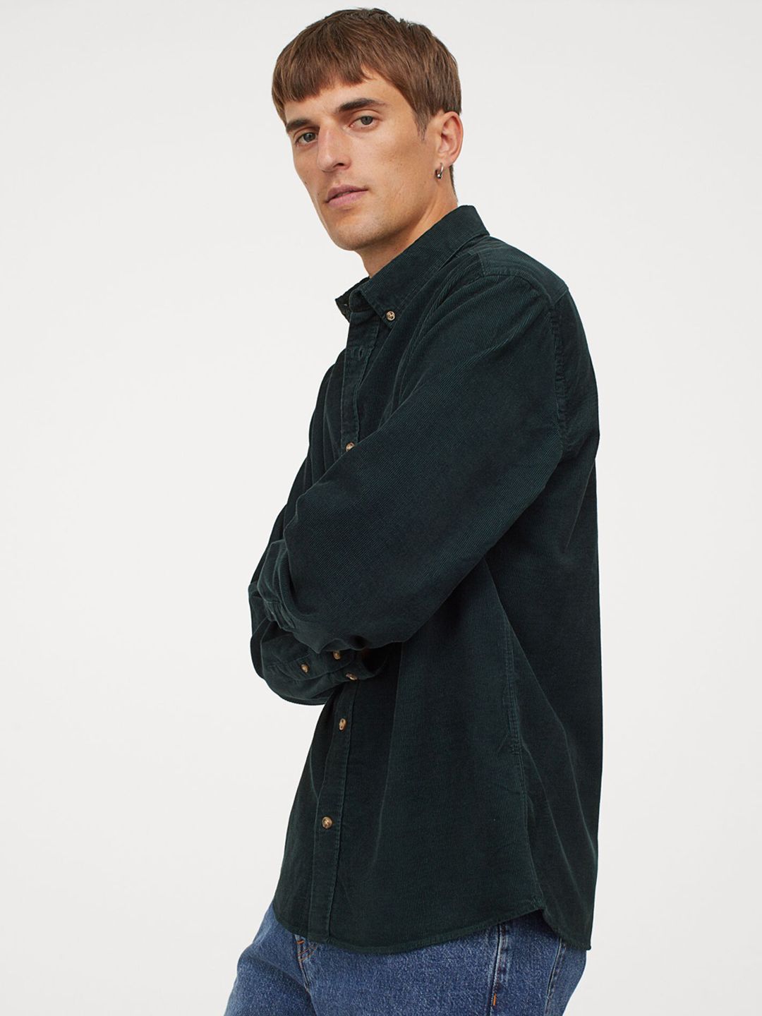 H&M Men Green Regular Fit Corduroy Shirt