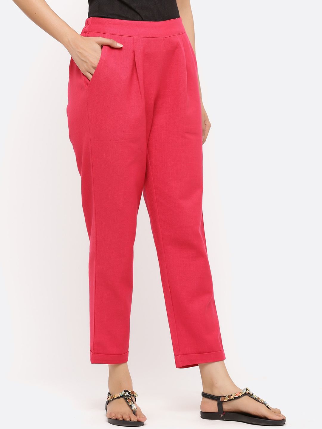 Jaipur Kurti Women Pink Regular Fit Solid Regular Trousers Price in India