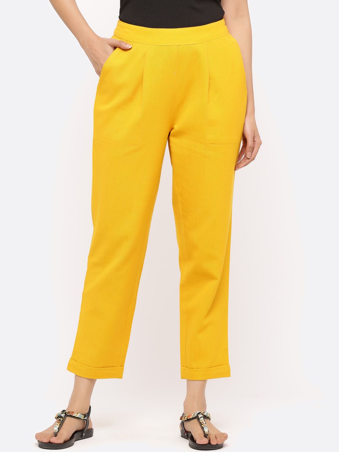 Jaipur Kurti Women Yellow Regular Fit Solid Cropped Trousers Price in India