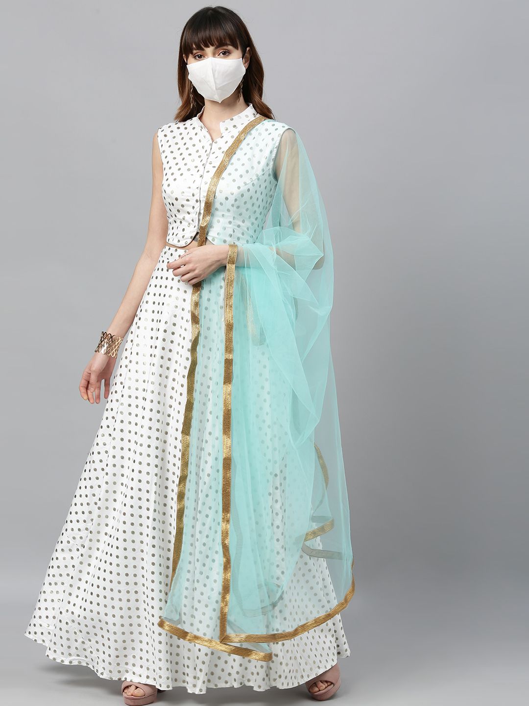 Bollywood Vogue White & Golden Printed Made to Measure Lehenga & Blouse with Dupatta