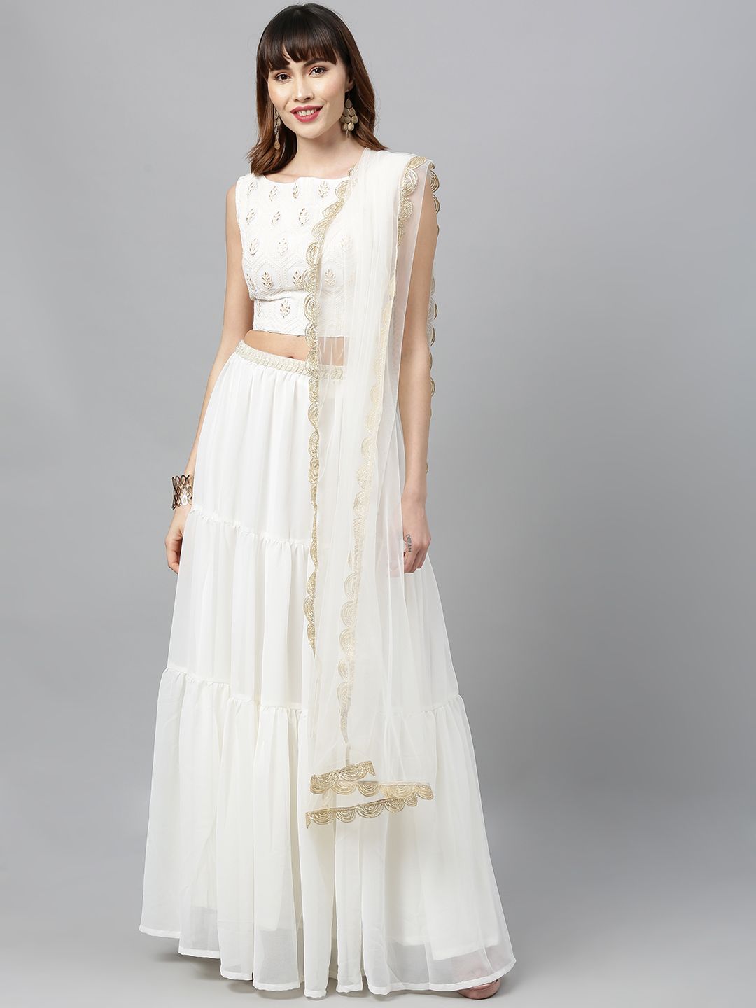 EthnoVogue Off-White & White Embroidered Made to Measure Lehenga & Blouse with Dupatta Price in India