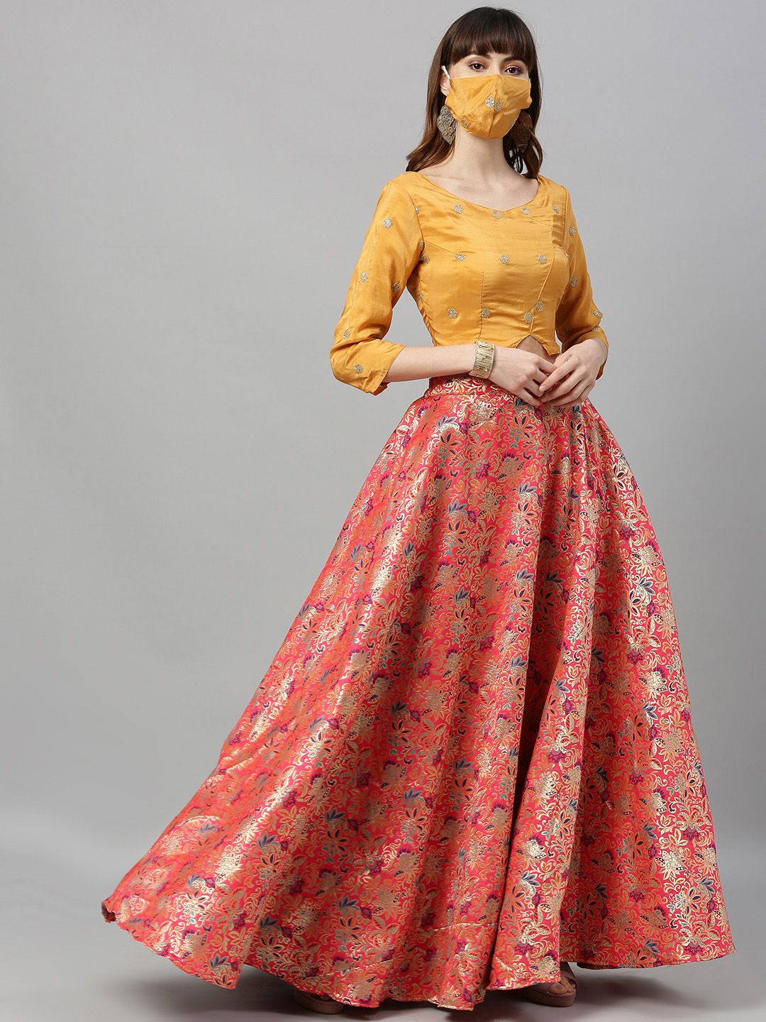 EthnoVogue Mustard Yellow & Pink Made to Measure Lehenga with Blouse & Mask Price in India