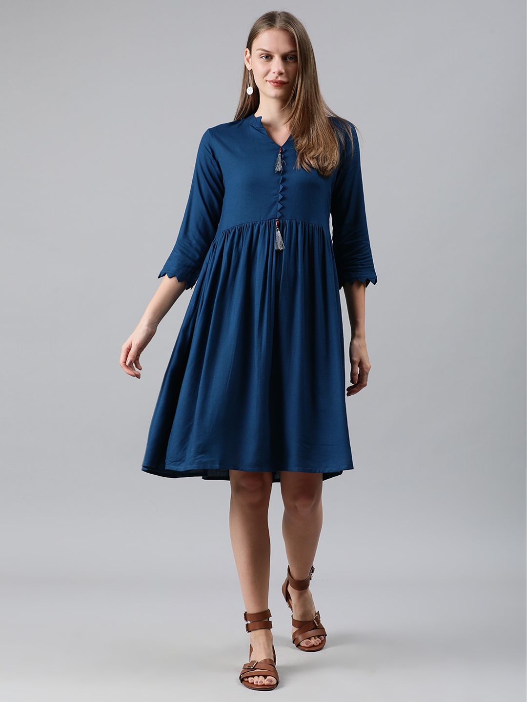 MIMOSA Women Teal Blue Solid Tasseled Fit and Flare Dress