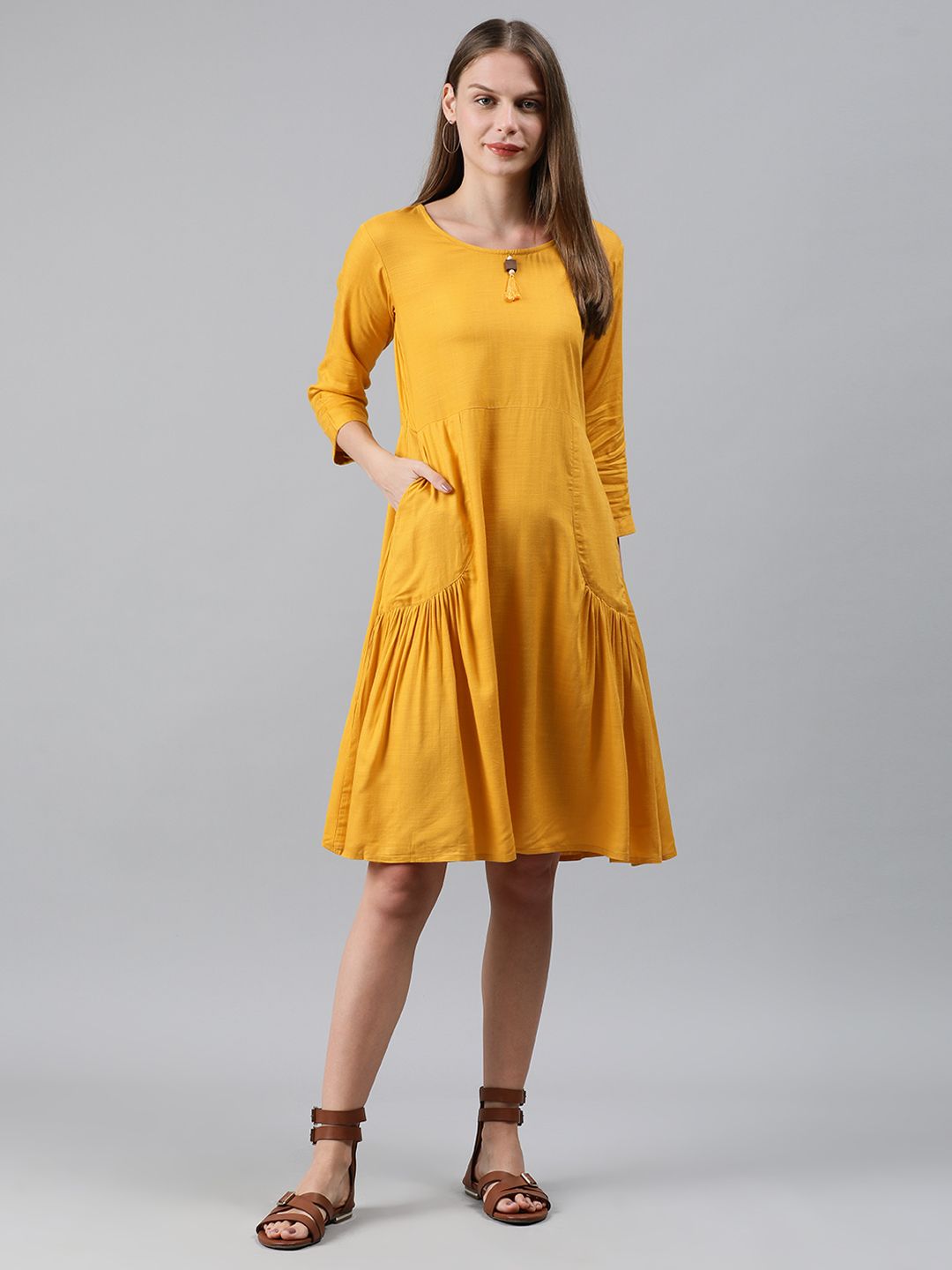MIMOSA Women Mustard Yellow Solid A-Line Dress With Tassels