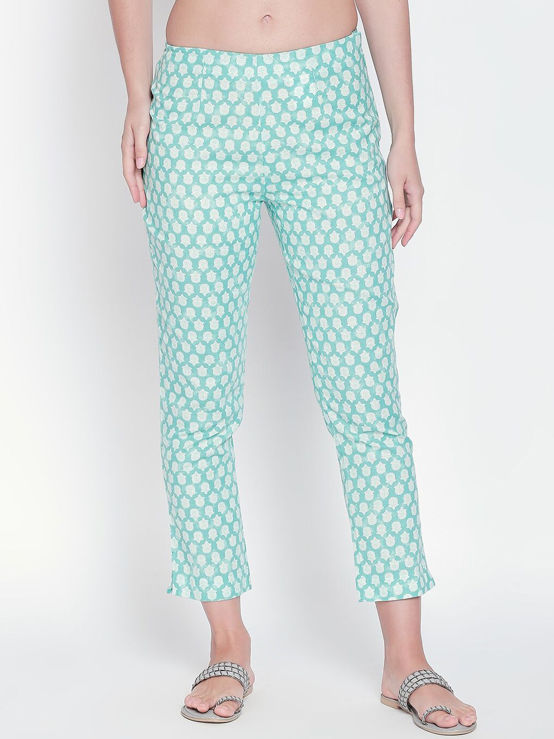 RANGMANCH BY PANTALOONS Women Sea Green Slim Fit Printed Cigarette Trousers Price in India