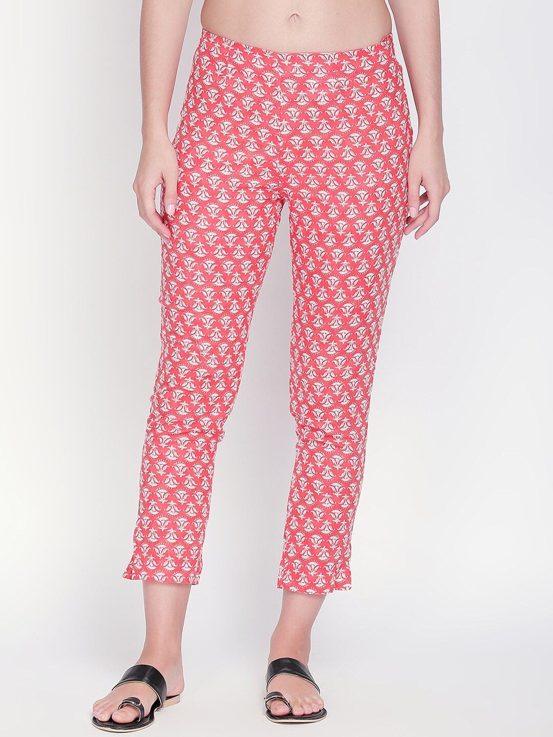 RANGMANCH BY PANTALOONS Women Peach-Coloured & Off-White Slim Fit Printed Regular Trousers Price in India