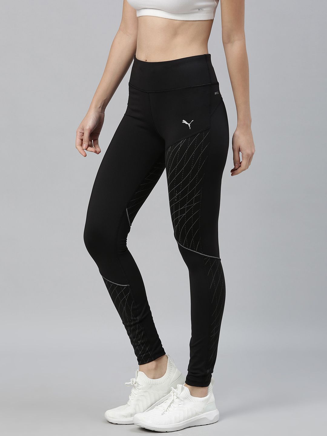 Puma Women Black Printed Knitted Graphic Regular Rise Long Running Tights Price in India