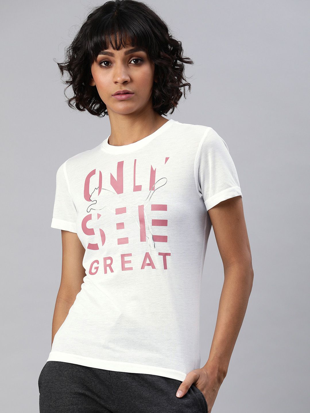 Puma Women White Performance Slogan Print Round Neck Training T-shirt