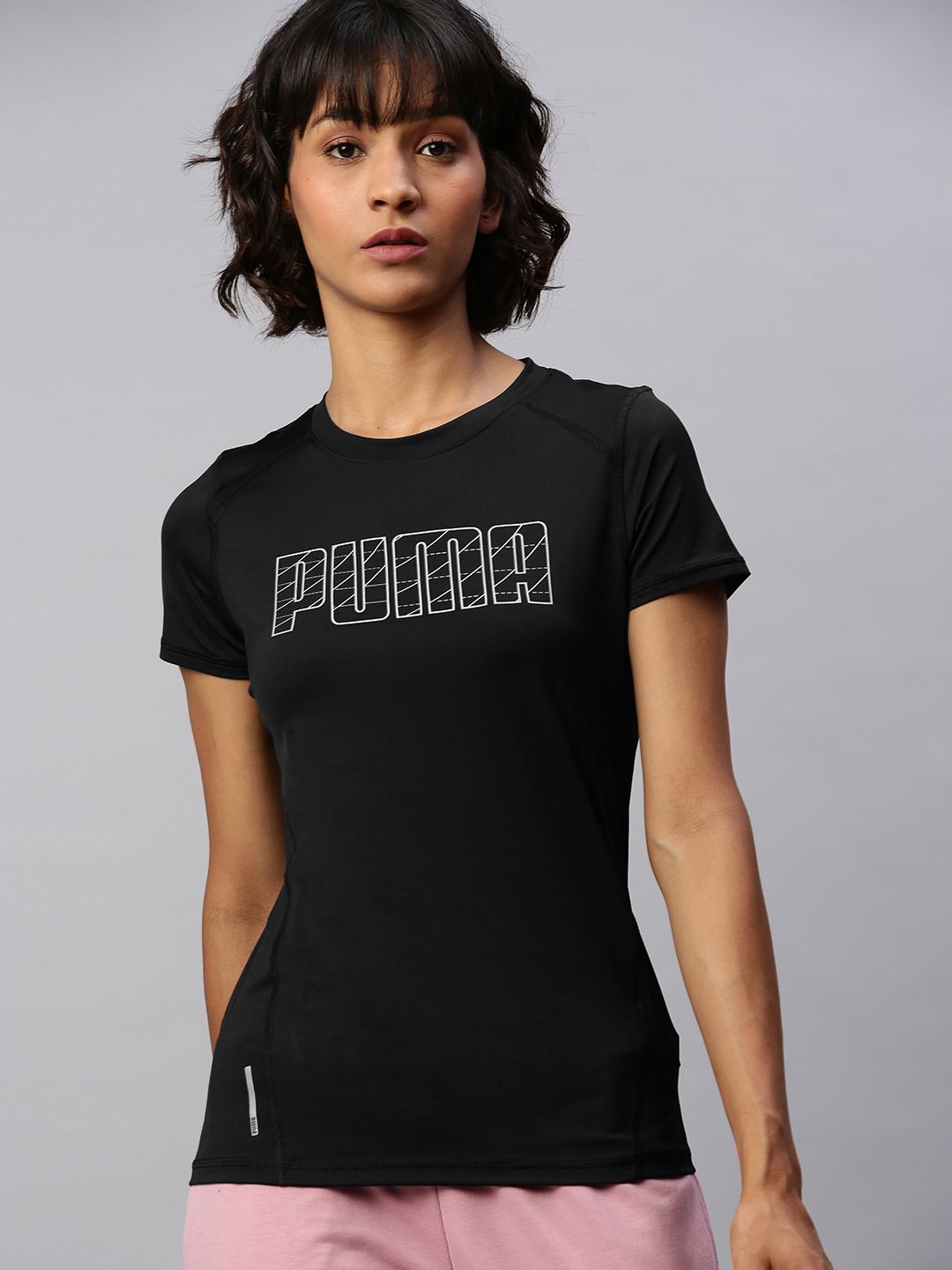 Puma Women Black Run Logo SS Printed Round Neck T-shirt Price in India