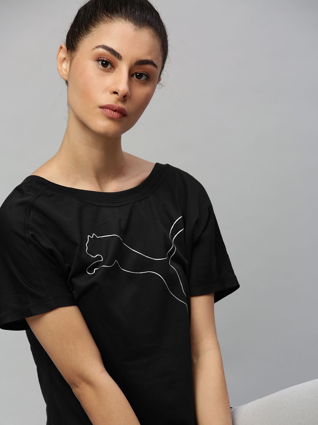 Puma Women Black Printed Favorite Jersey Cat Round Neck Training T-shirt Price in India