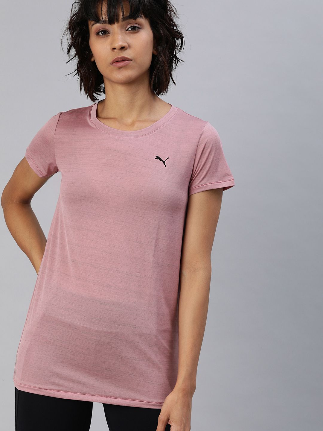 Puma Women Taupe Solid Studio Lace Keyhole SS DRYCELL Round Neck Yoga T-shirt Price in India