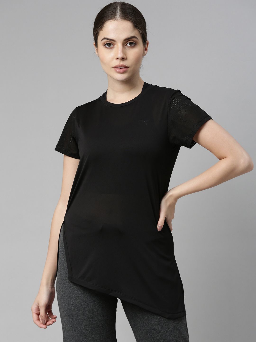 Puma Women Black Solid DryCell Studio Lace SS Round Neck Yoga T-shirt Price in India