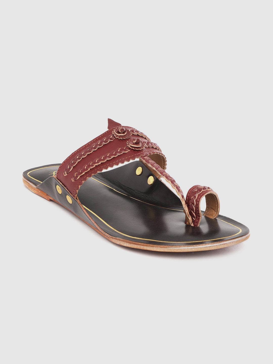 House of Pataudi Women Burgundy Braided Handcrafted Leather One Toe Flats