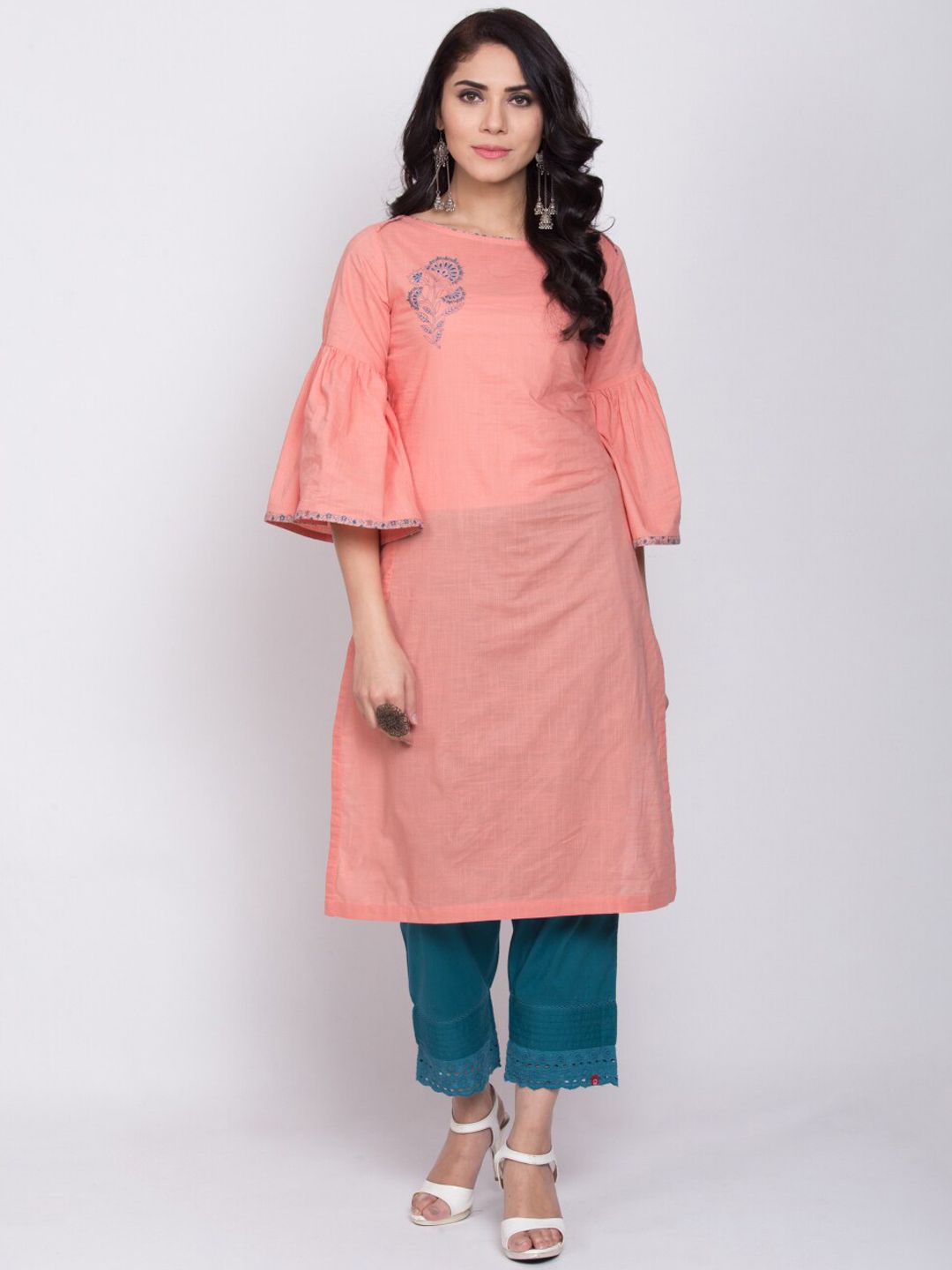 Biba Women Peach & Blue Embroidered Straight Kurta