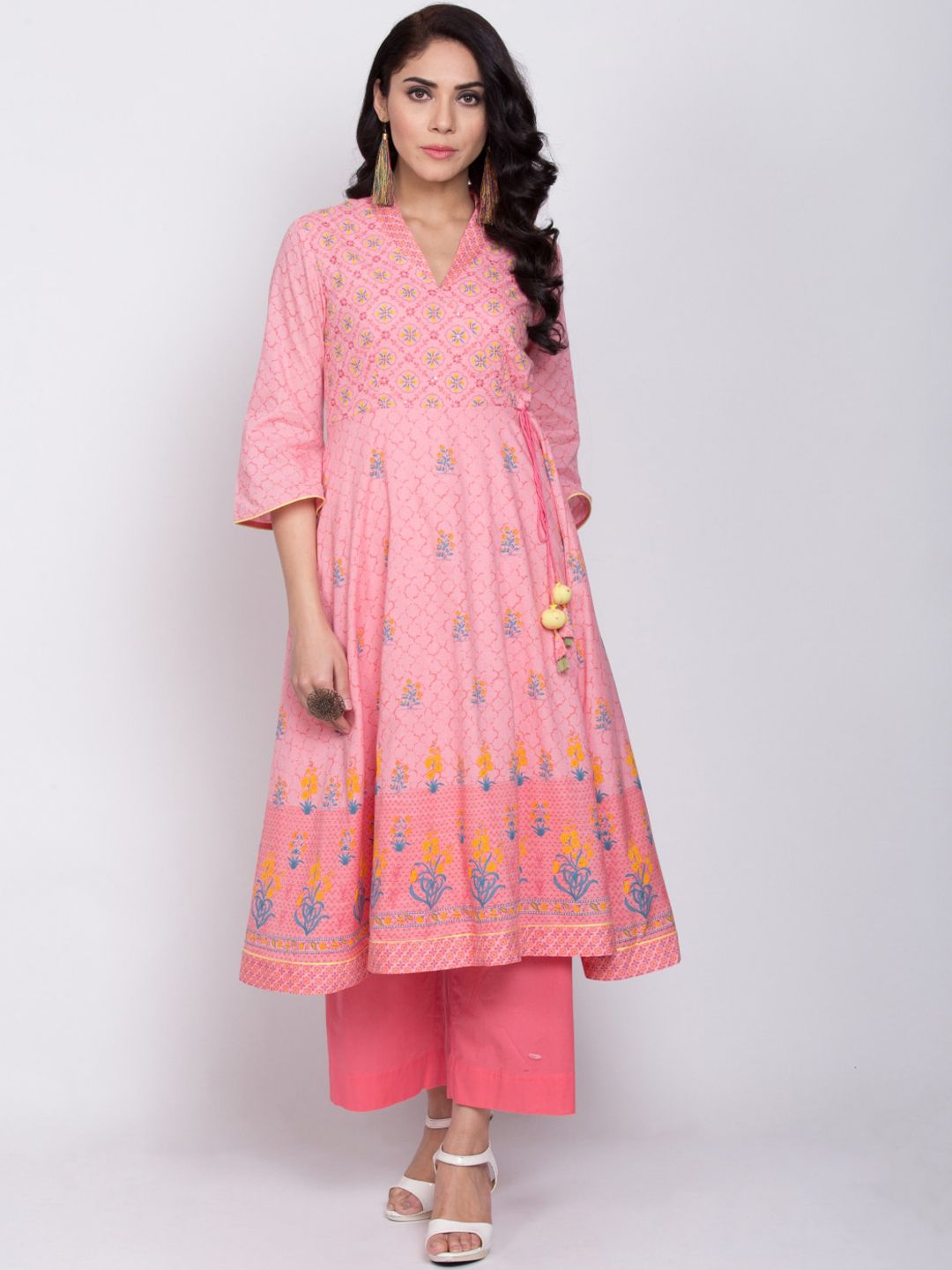 Biba Women Pink & Yellow Ethnic Motif Print Anarkali Kurta