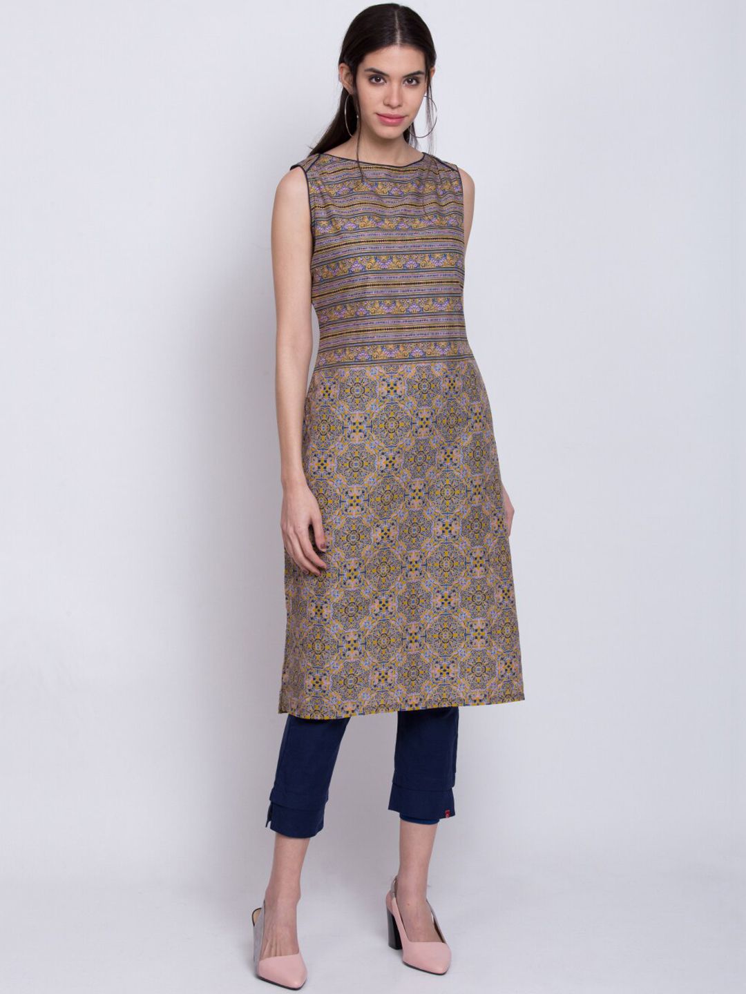 Biba Women Mustard Yellow & Black Printed Straight Kurta