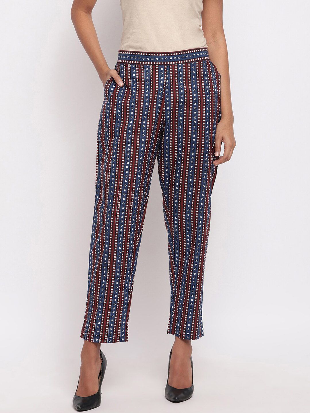 FABNEST Women Multicoloured Relaxed Straight Leg Regular Fit Printed Regular Trousers Price in India
