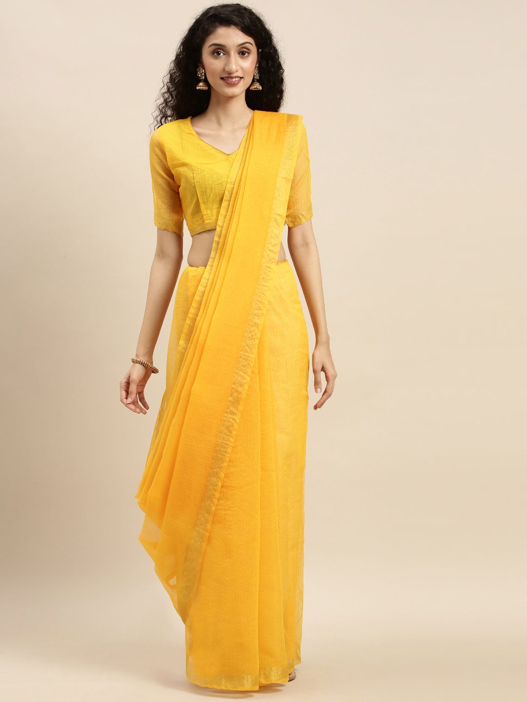 Silk Bazar Yellow Silk Blend Solid Kota Saree