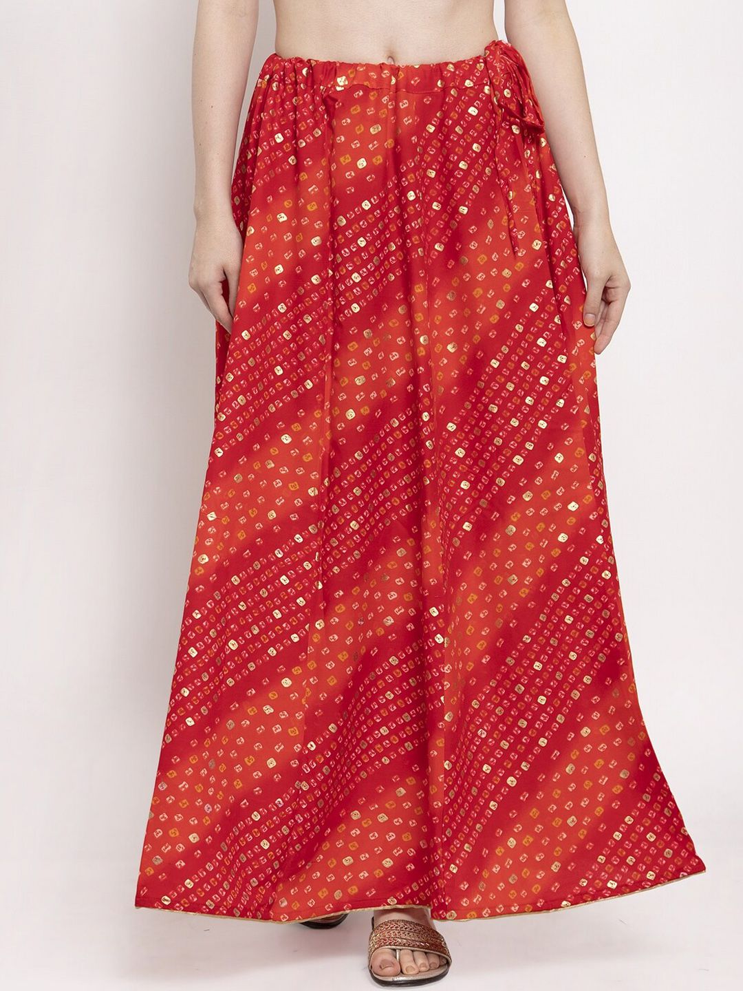 Clora Creation Women Red Bandhani Printed Flared Maxi Skirt