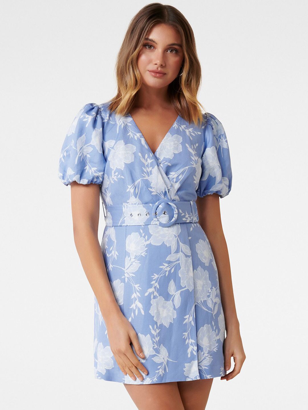 Forever New Women Blue Printed Wrap Dress