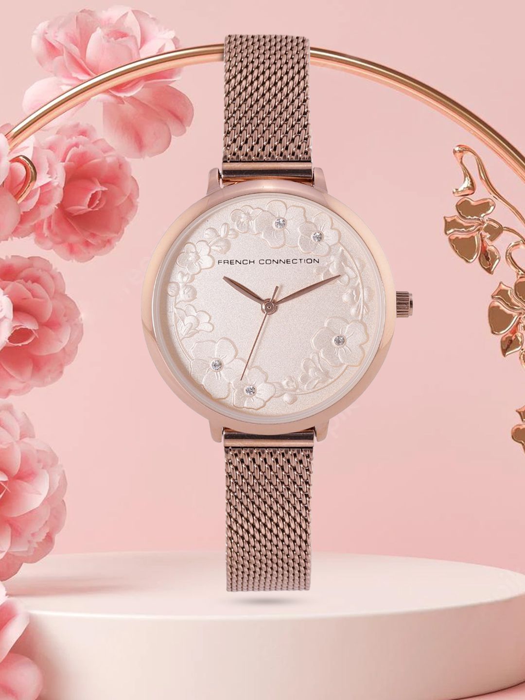 French Connection Women Muted Rose Gold-Toned Floral Textured Analogue Watch FCL0006A Price in India