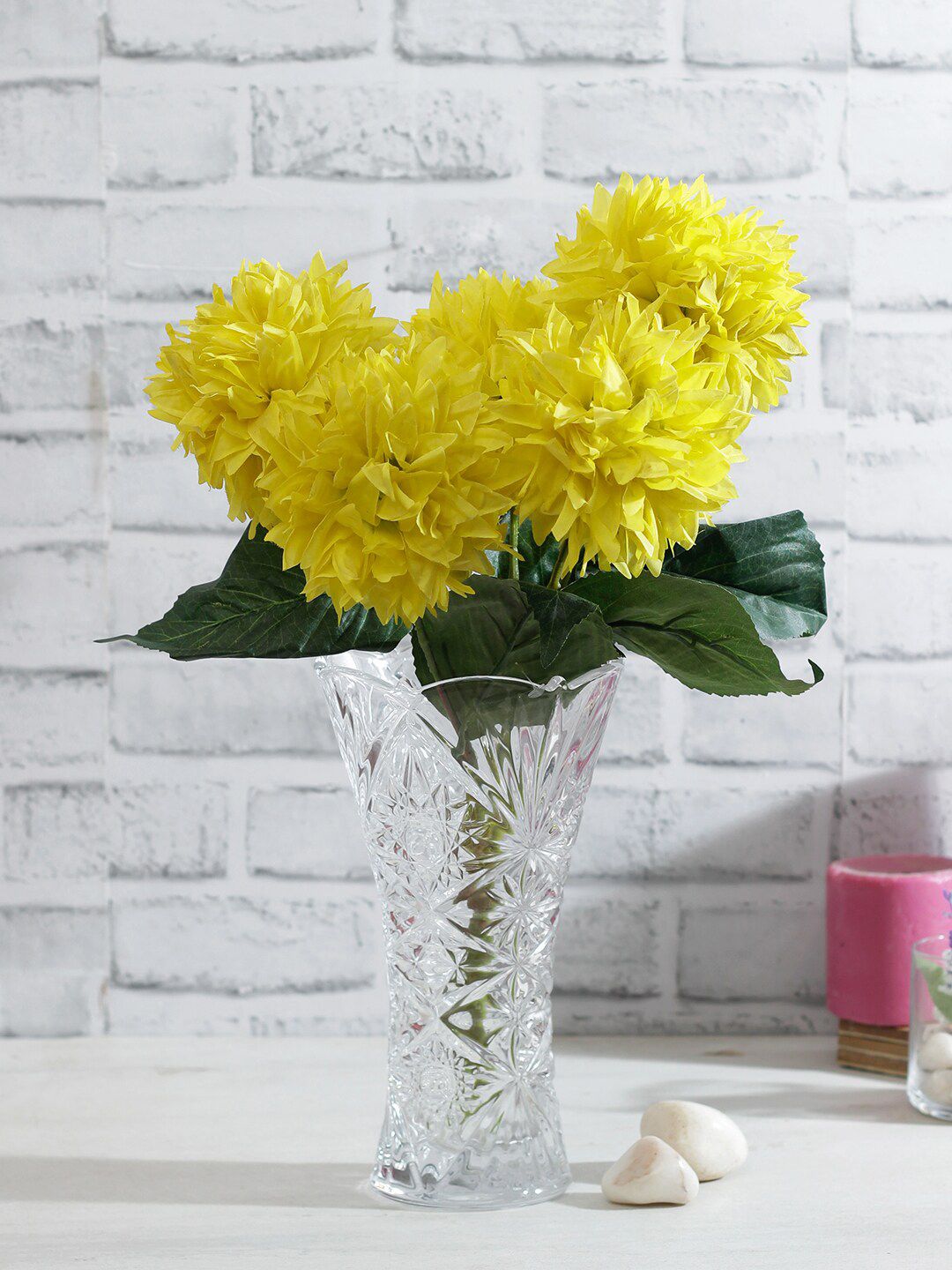 TAYHAA Yellow & Green Bunch of 5 Artificial Chrysanthemum Flowers Price in India
