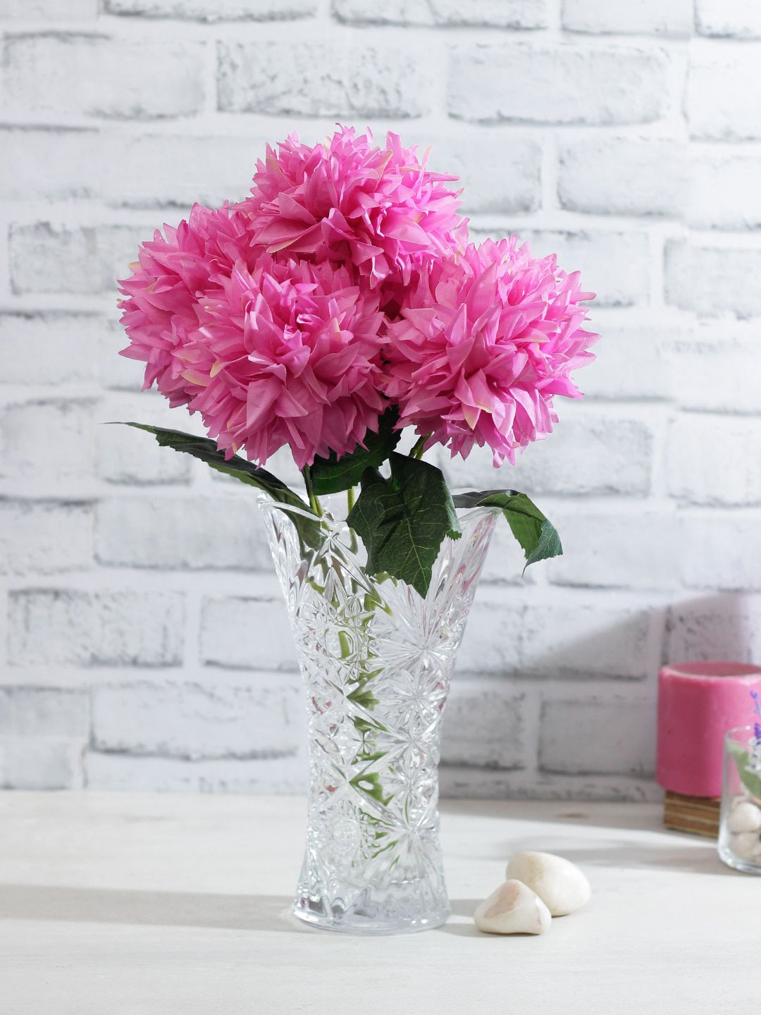 TAYHAA Pink & Green Bunch of 5 Artificial Chrysanthemum Flowers Price in India