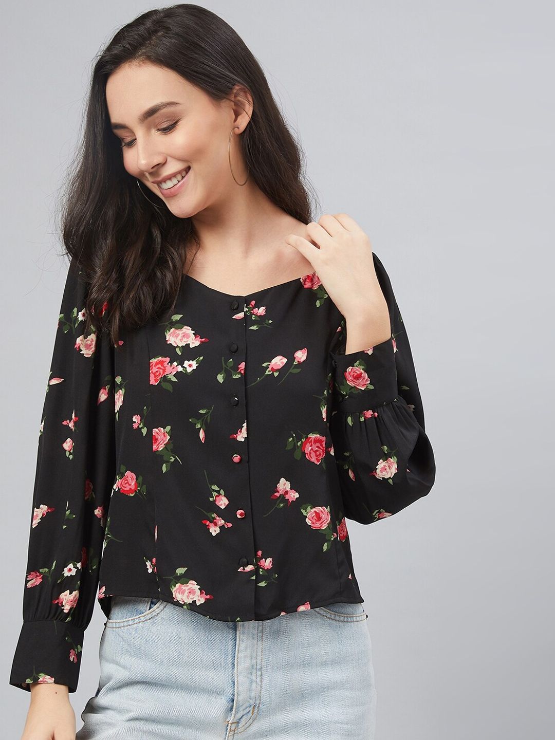 RARE Black & Pink Floral Shirt Style Top Price in India