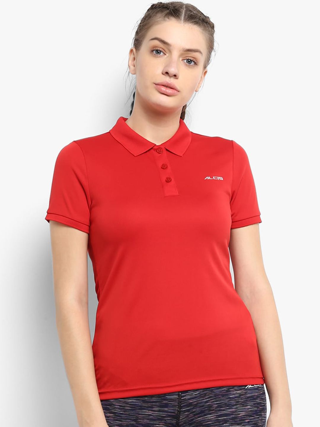 Alcis Women Red Solid Polo Collar T-shirt Price in India