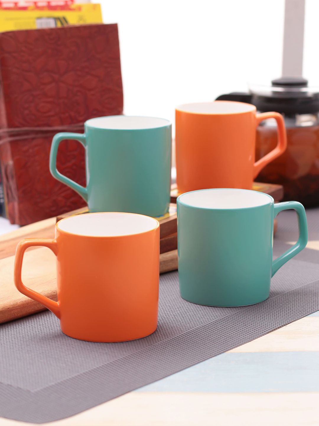 CLAY CRAFT Orange & Teal Green Solid 4-Pieces Ceramic Cups Set Price in India