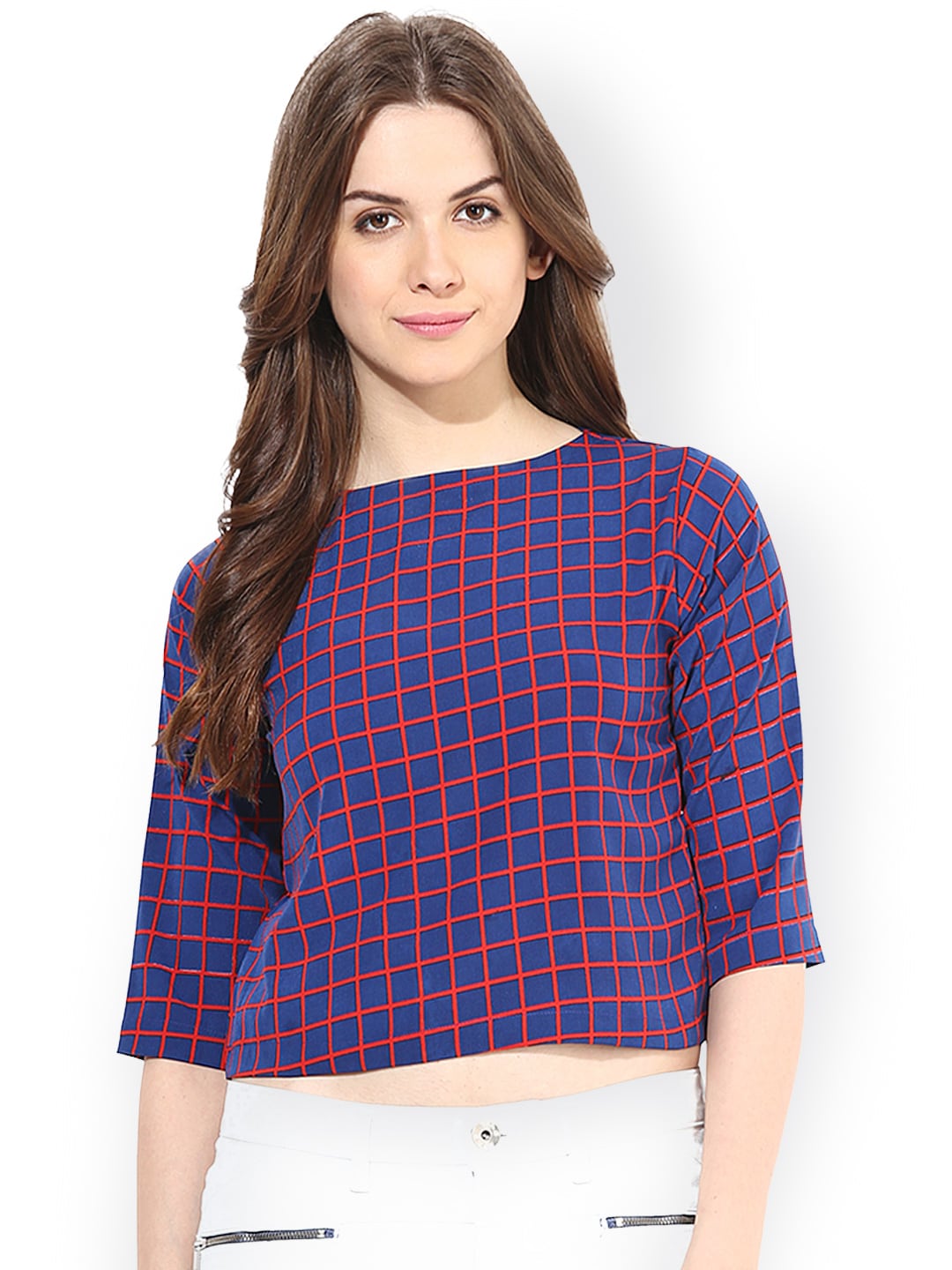 Miss Chase Blue & Red Checked Crop Top Price in India