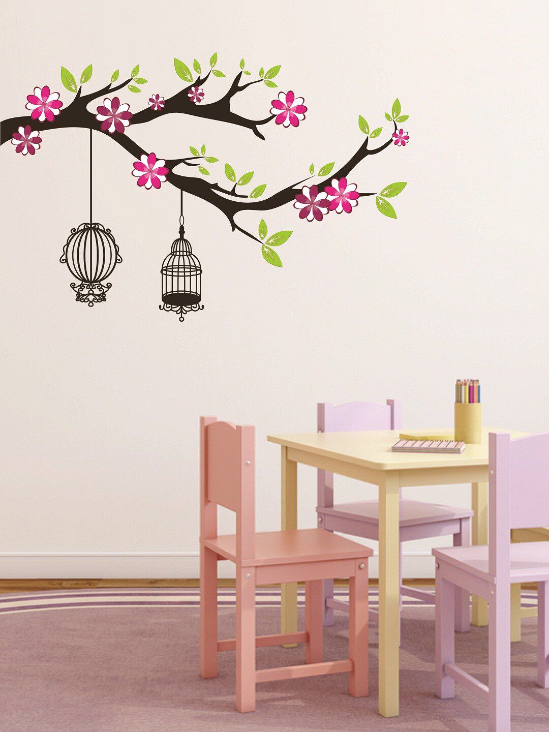 WALLSTICK Brown & Pink Bird Cage On Tree Large Vinyl Wall Sticker Price in India