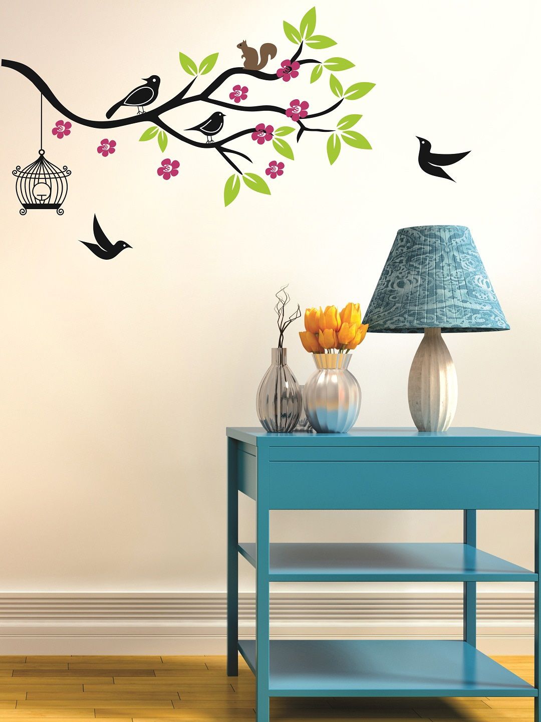 WALLSTICK Black & Pink Birds On Tree Large Vinyl Wall Sticker Price in India