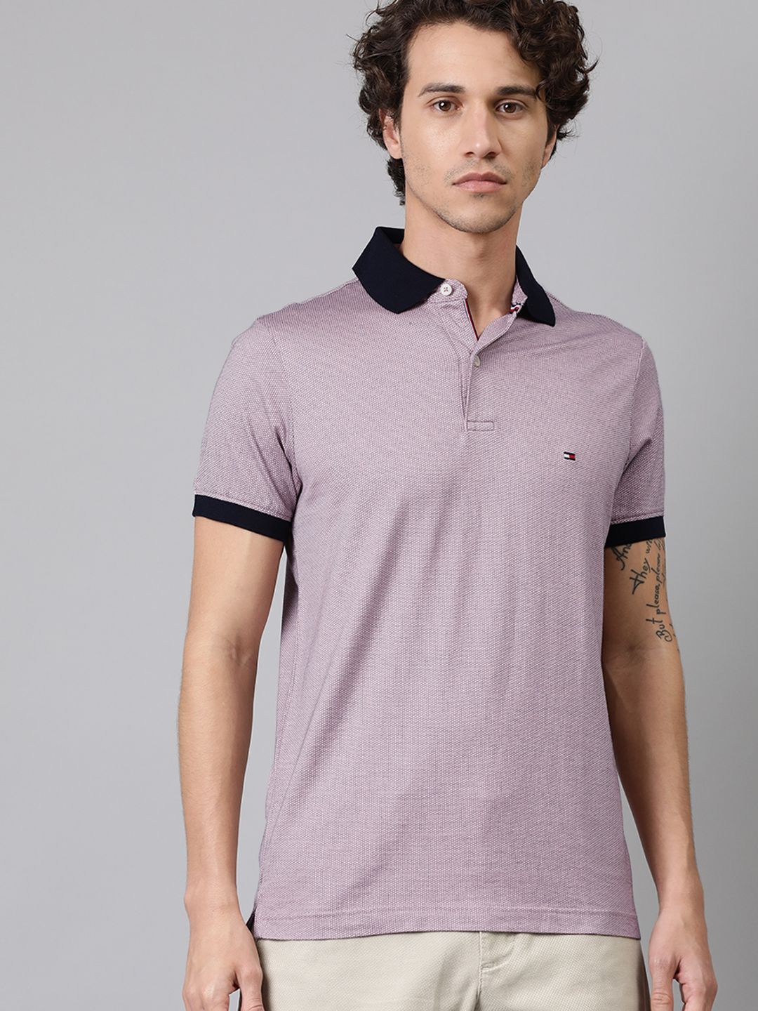 Tommy Hilfiger Men Pink Printed Slim Fit Polo Collar T-shirt