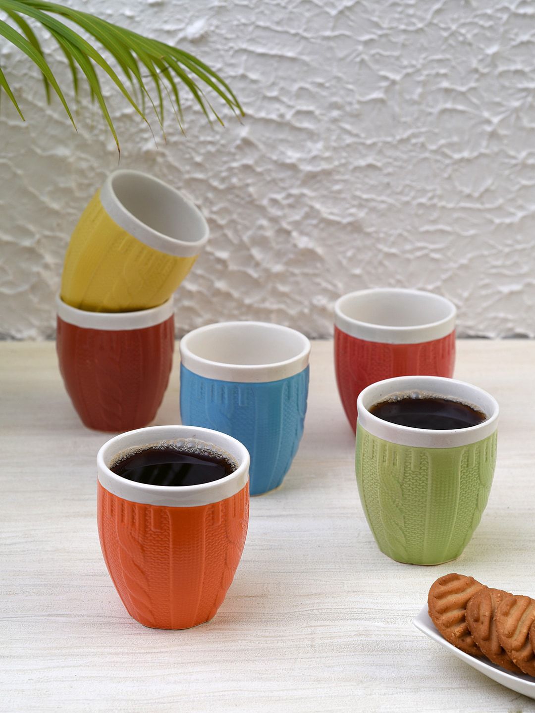 Unravel India Blue & Yellow 6-Pieces Solid Ceramic Cups Set Price in India