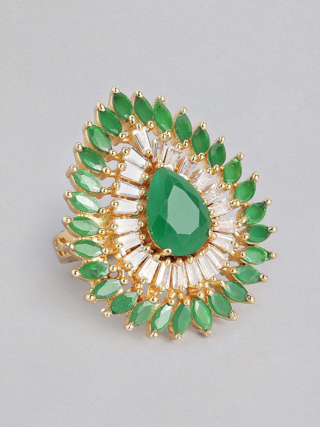 justpeachy Gold-Toned & Green Stone Studded Cocktail Adjustable Finger Ring Price in India