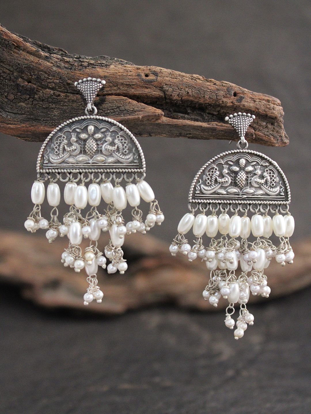 justpeachy Silver-Plated & White Oxidised Drop Earrings Price in India