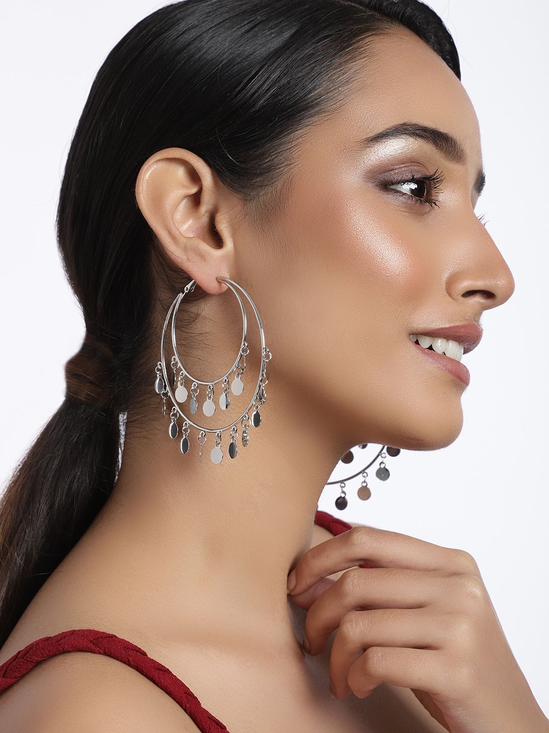 justpeachy Silver-Plated Circular Hoop Earrings Price in India