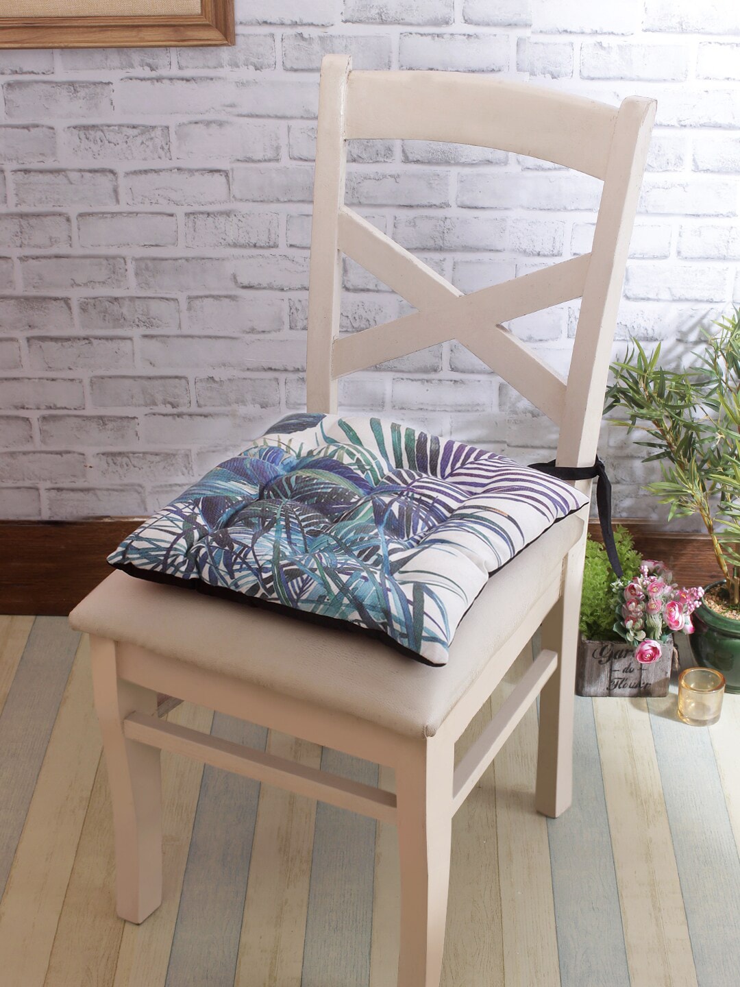 ROMEE Set of 2 White & Green Tropical Print Chair Pads with Loops Price in India