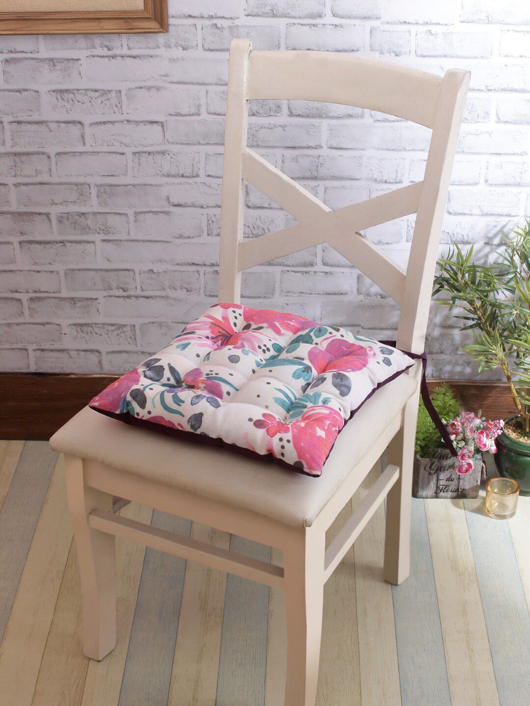 ROMEE Set of 2 White & Pink Printed Chair Pads with Loops Price in India