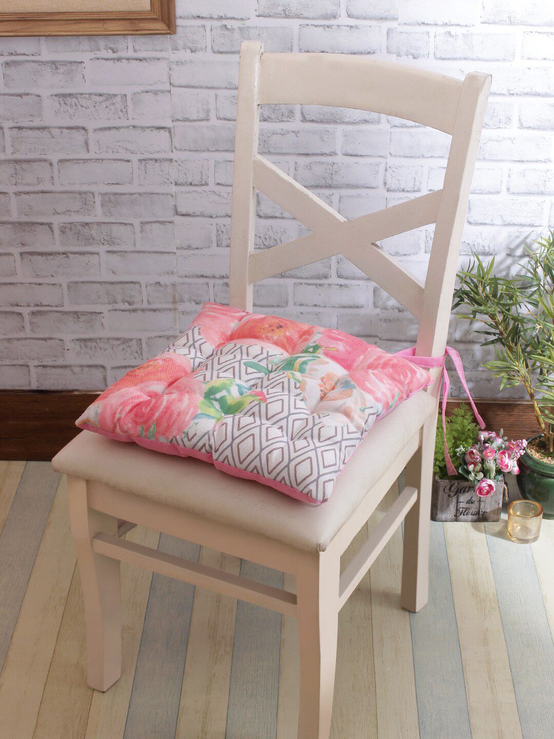 ROMEE Set of 2 Pink & White Printed Chair Pads with Loops Price in India