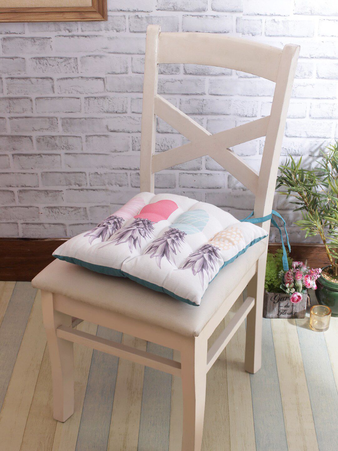 ROMEE Set of 2 White & Sea Green Printed Chair Pads with Loops Price in India