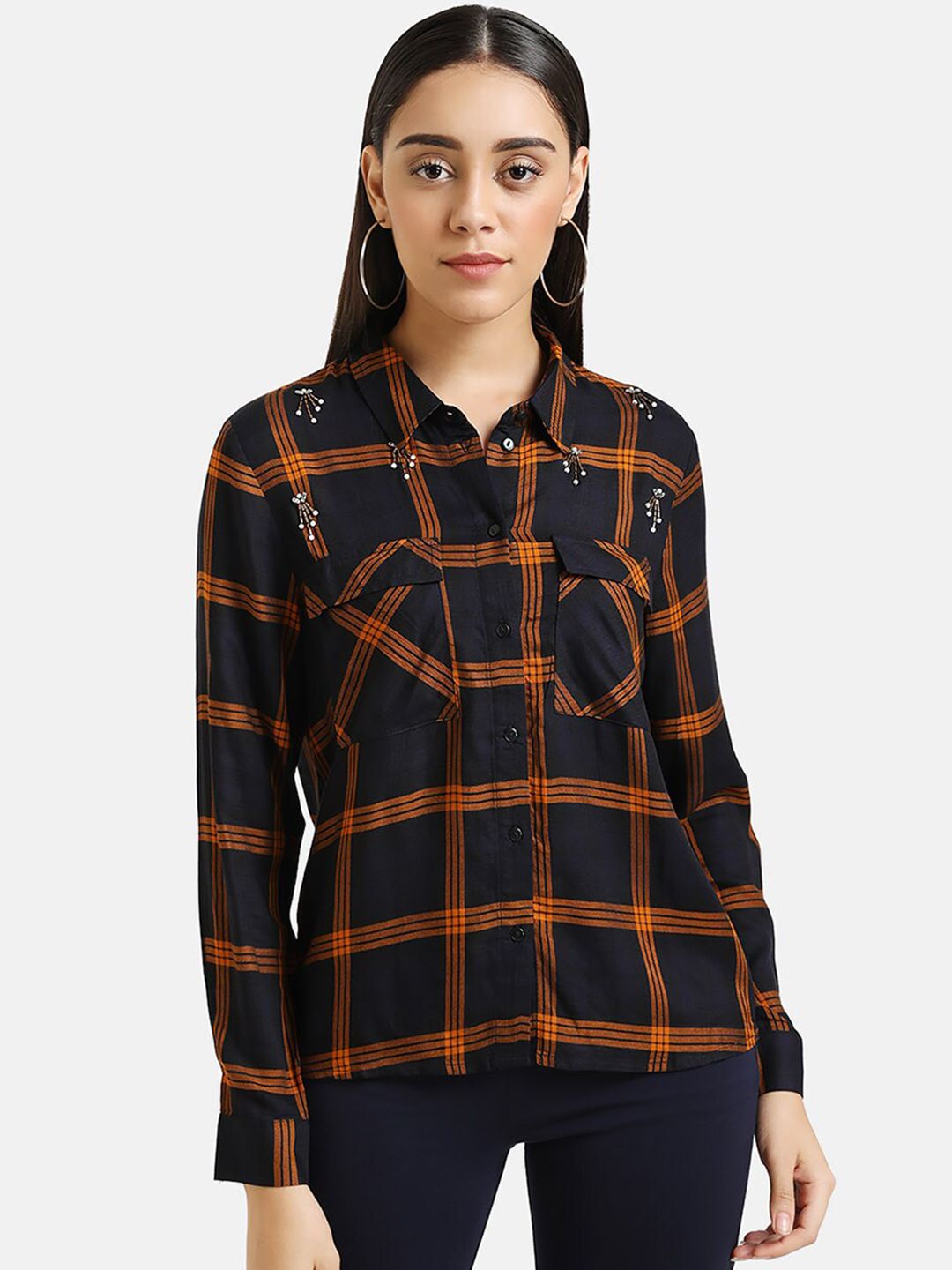 Kazo Women Orange & Navy Blue Regular Fit Checked Casual Shirt