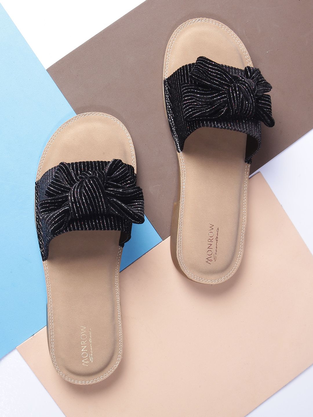 Monrow Women Black Solid Fabric Open Toe Flats Price in India