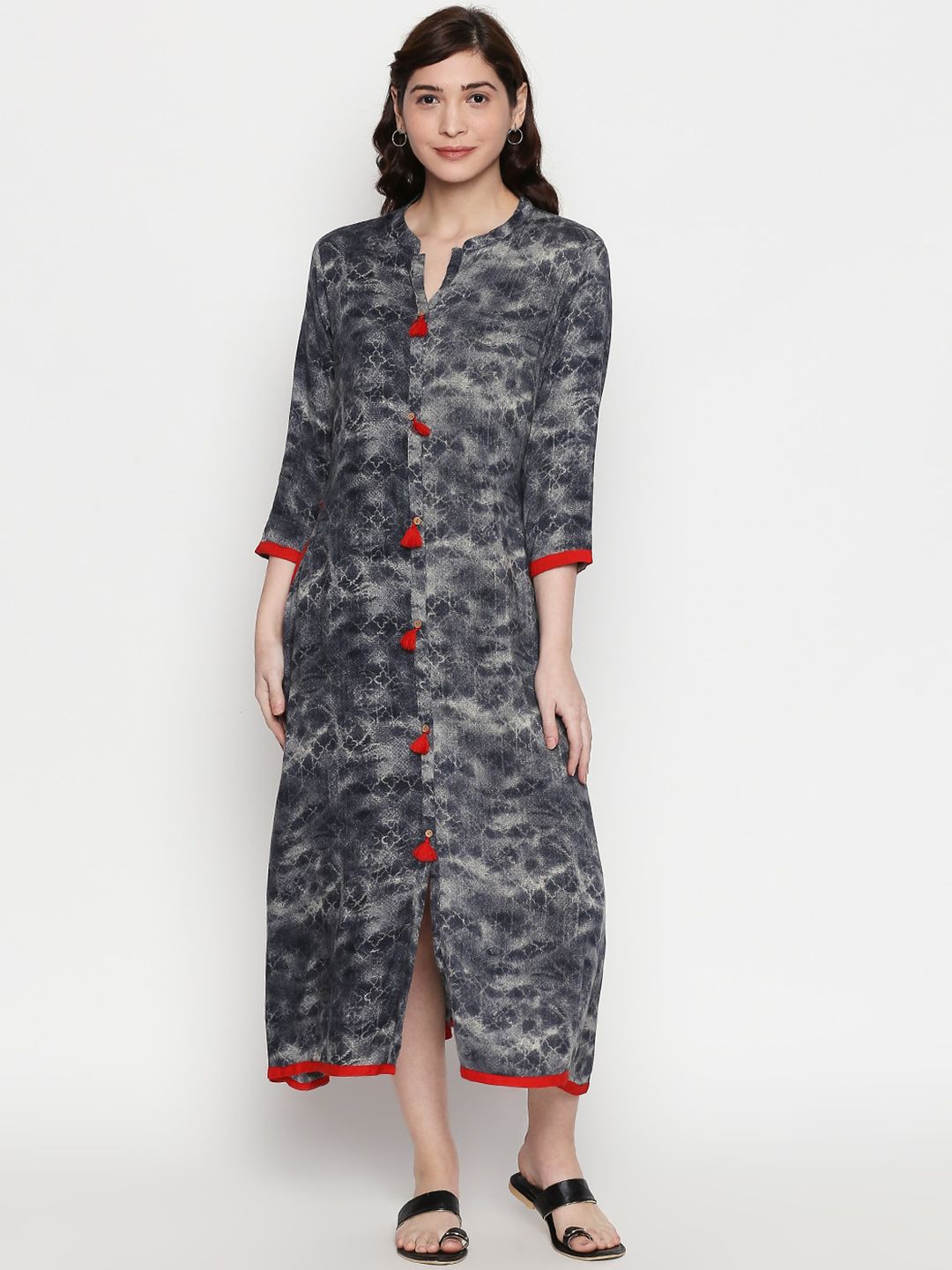 ZRI Women Charcoal Grey Printed Maxi Dress