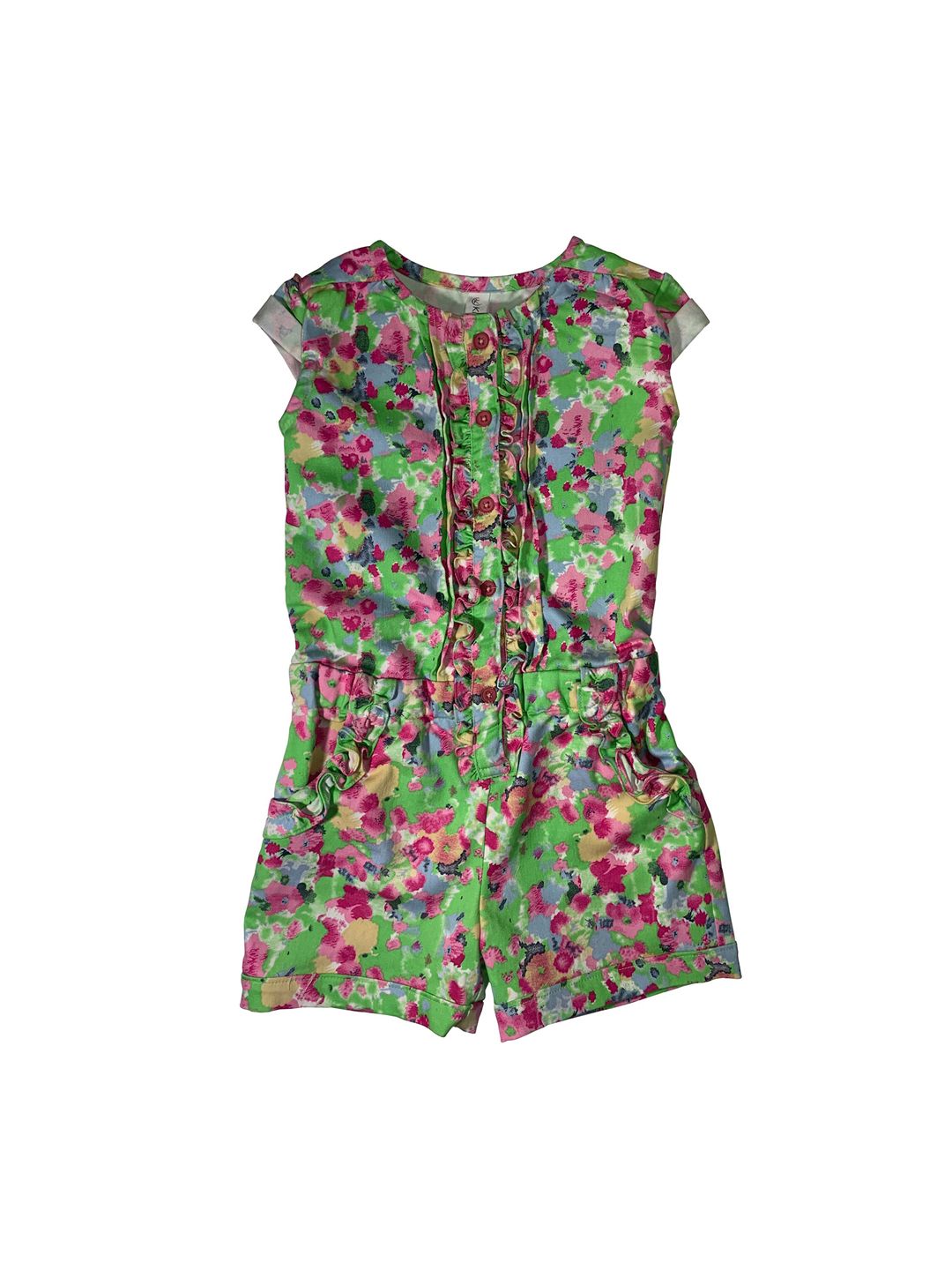 KiddoPanti Girls Green & Pink Printed Playsuit